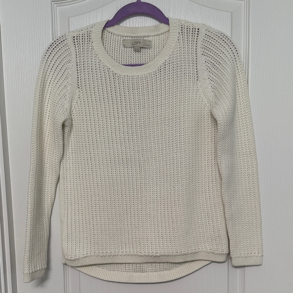 LOFT Cream Open-Weave Crewneck Sweater